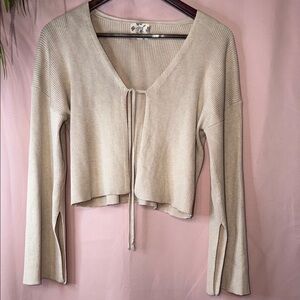 Hippie Rose Light Beige Ribbed Tie-Front Cropped Top